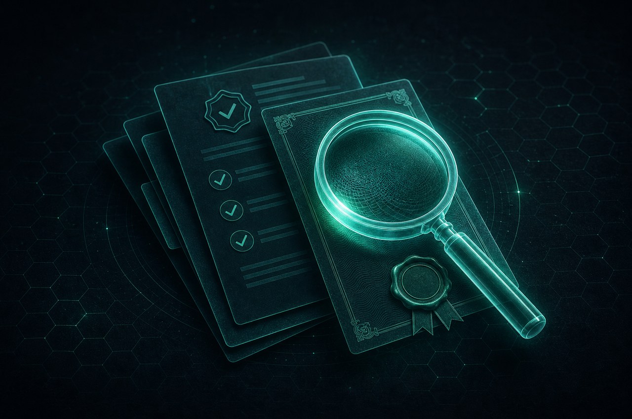 Conceptual illustration of a licence certificate and safety checklist under a magnifying glass, representing the site's verification process